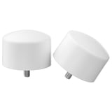 Two white plastic round finials, one upright, one tilted, chrome screws.