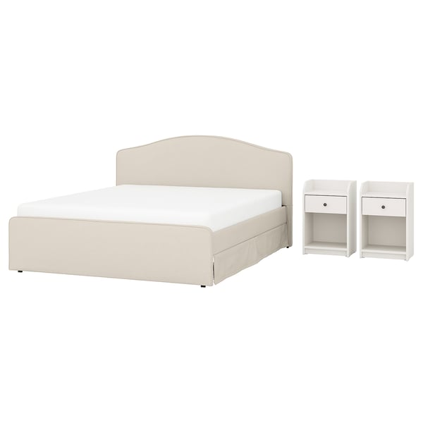 White RAMNEFJÄLL bed with beige headboard, footboard, and matching nightstands. Modern, curved design.