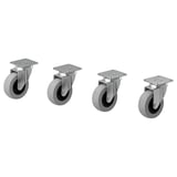 Four silver wheels with grey rubber tyres and metal plate holders, arranged in a line, for easy furniture movement.