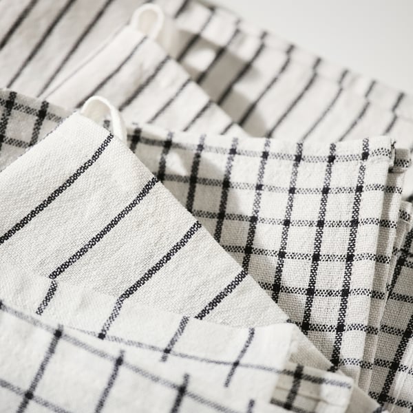 RINNIG Tea towel, white/dark grey/patterned, 45x60 cm