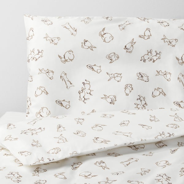 RÖDHAKE Duvet cover 1 pillowcase for cot, rabbit pattern/white/beige, 110x125/35x55 cm