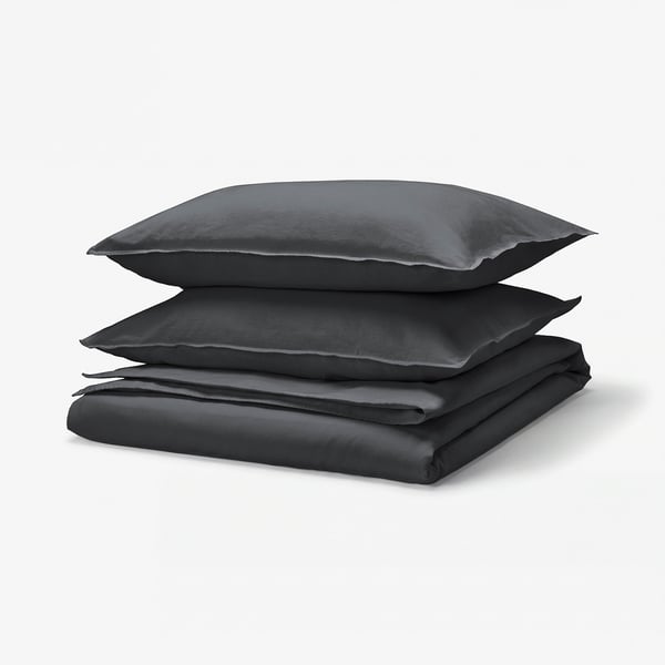 RUNDHAGTORN: dark grey duvet & pillow cases, neat folded stack, linen-cotton blend.