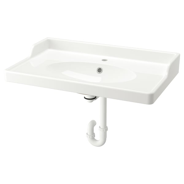 RUTSJÖN Wash-basin with water trap, white, 82x49 cm