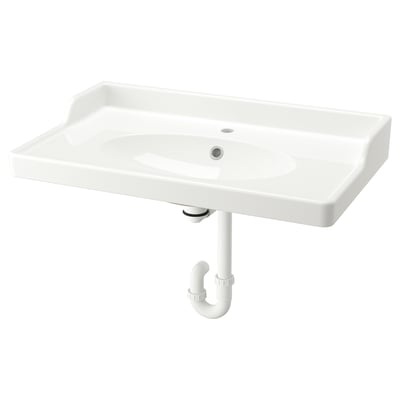 RUTSJÖN Wash-basin with water trap, white, 82x49 cm