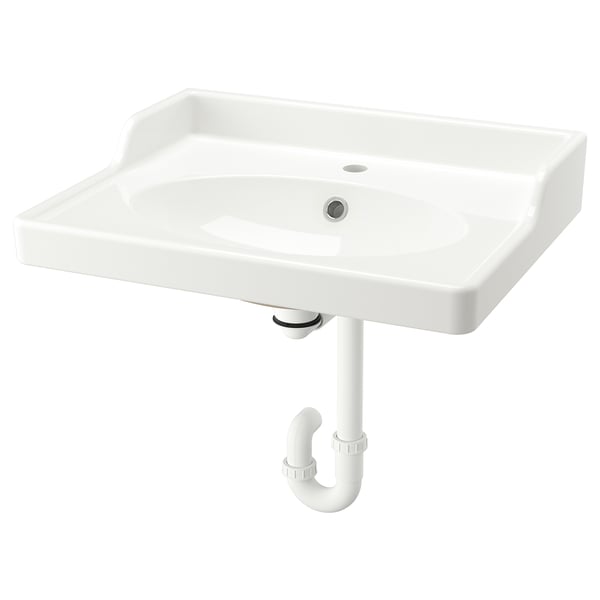 RUTSJÖN Wash-basin with water trap, white, 62x49 cm