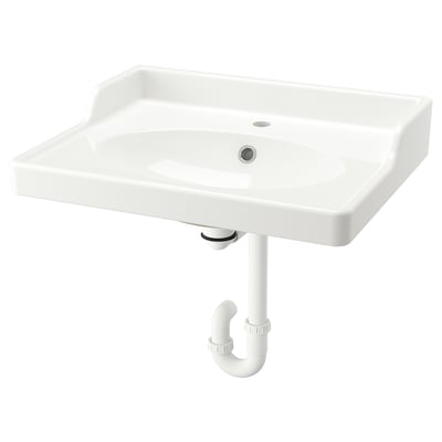 RUTSJÖN Wash-basin with water trap, white, 62x49 cm