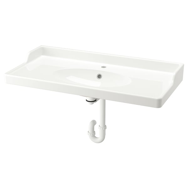 RUTSJÖN Wash-basin with water trap, white, 102x49 cm