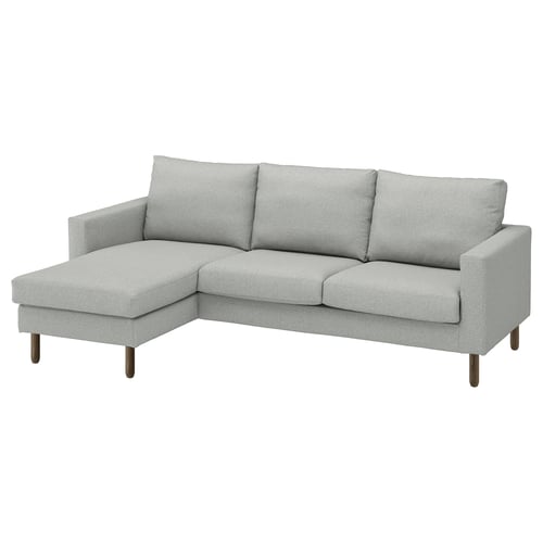 Modern light grey corner sofa, wood legs, rectangular cushions, cosy design.