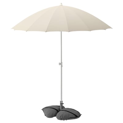 Beige outdoor umbrella with grey weighted base. Steel pole, polyester fabric, dome-shaped.
