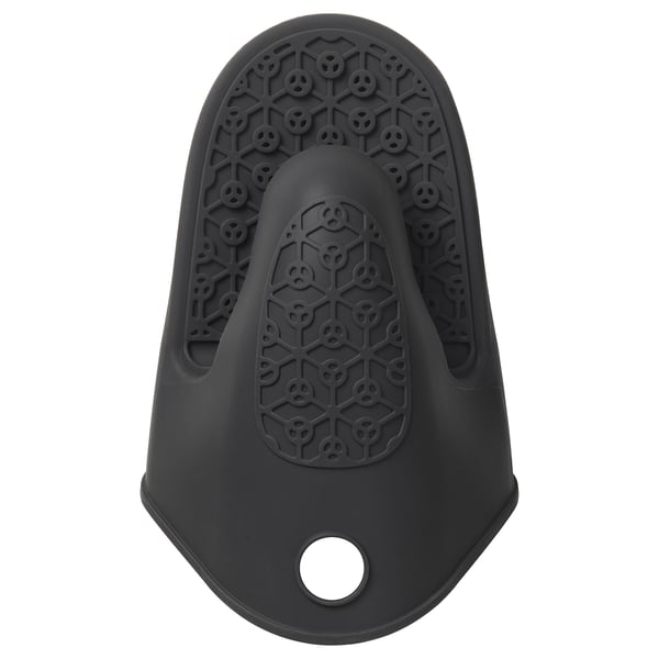 Silicone oven mitt in dark grey, teardrop shape with skull pattern, designed for grip and heat protection.