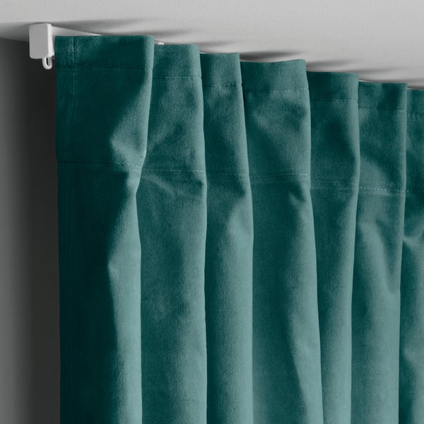 SANELA Curtains, 1 pair, dark grey-turquoise/with heading tape, 140x250 cm