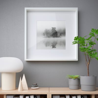 Black and white framed picture on grey wall, flanked by lamp and plants, adding depth.