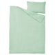 A light green SCHERSMIN duvet cover and pillowcase set. Made of 100% organic cotton, featuring a soft, wavy muslin texture.