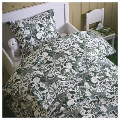 SKOGSDUVA Duvet cover and pillowcase, white green/forest pattern, 150x200/50x80 cm