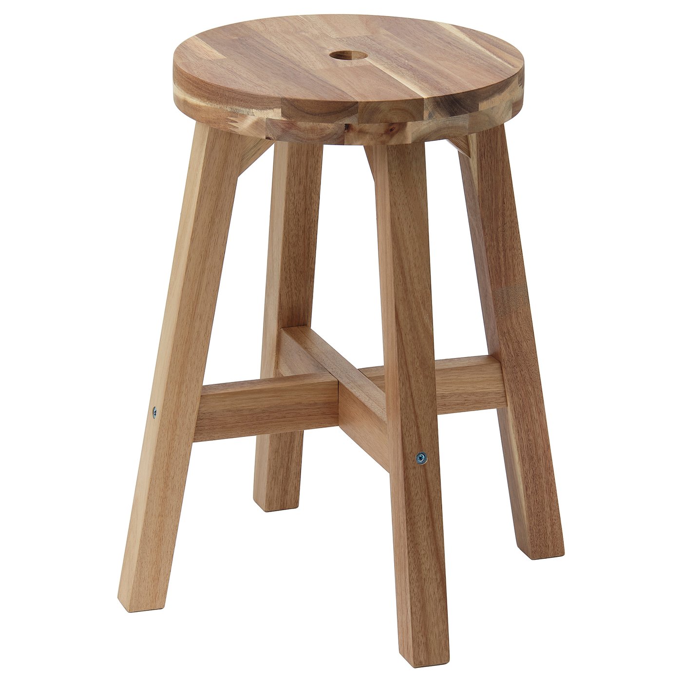 SKOGSTA wooden stool. Round, light brown acacia with simple, tapered legs and smooth seat.