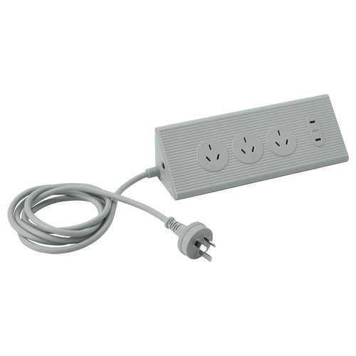 SKOTAT white extension cord, slim design, three power outlets, usb port, grey cable, recycled polycarbonate.