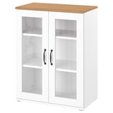 A white SKRUVBY cabinet with glass doors and a wooden top, featuring sleek design and functional storage.