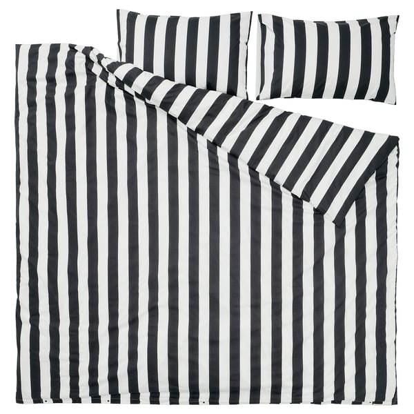 SLÅNHÖSTMAL Duvet cover and 2 pillowcases, black/white/striped, 200x200/50x80 cm