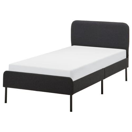 Modern bed: SLATTUM, black, fabric, rectangular, minimalist design.