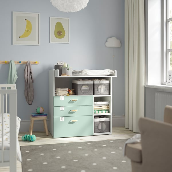 SMÅSTAD Changing table, white light green/with 3 drawers, 90x79x100 cm