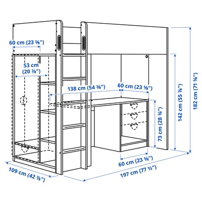 SMÅSTAD Loft bed frame w desk and storage, white, Single