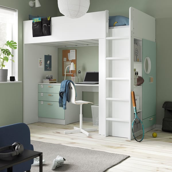 SMÅSTAD Loft bed, white light green/with desk with 4 drawers, Single