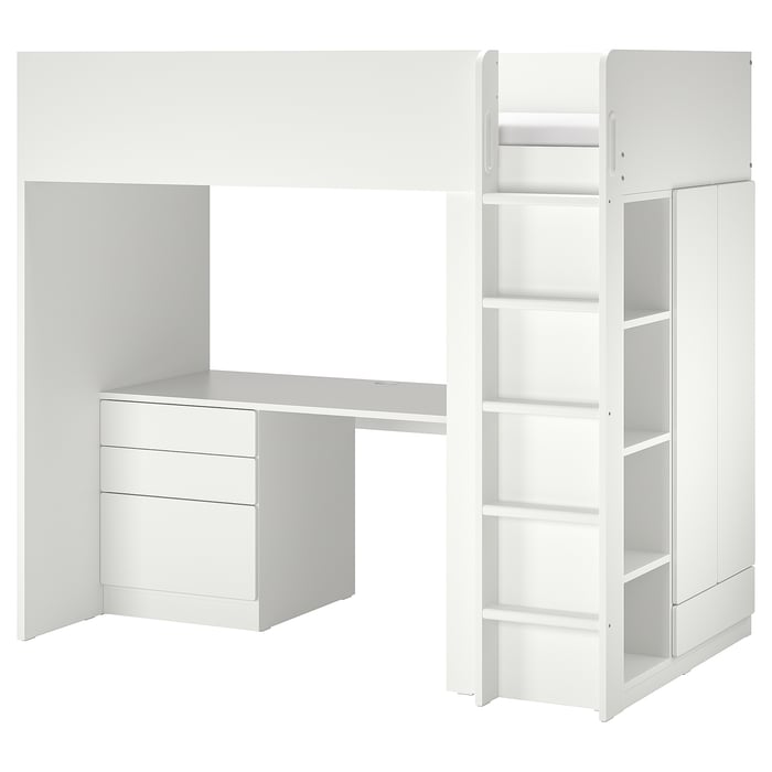 SMÅSTAD loft bed, white white/with desk with 4 drawers, Single
