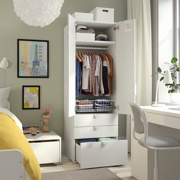 SMÅSTAD / PLATSA Wardrobe, white white/with 3 drawers, 60x57x181 cm