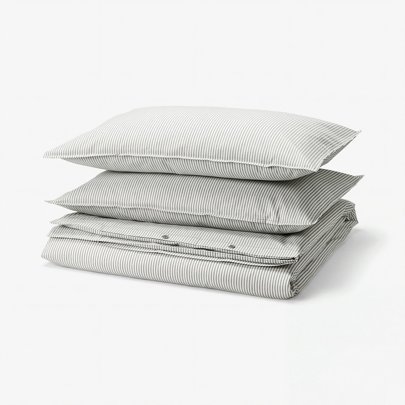 Stack of three grey and white striped cotton pillows.