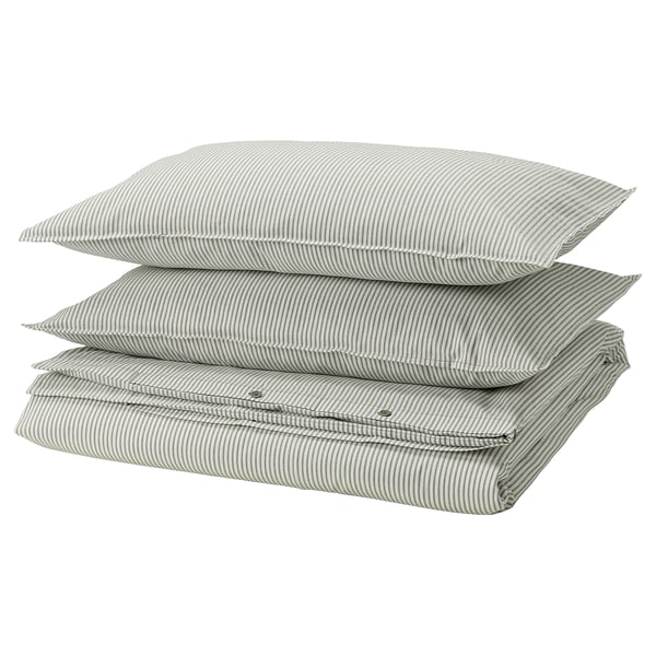 SOLFIBBLA Duvet cover and 2 pillowcases, white green/stripe, 200x200/50x80 cm