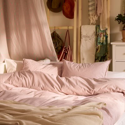 SOLFIBBLA Duvet cover and 2 pillowcases, white red/stripe, 200x200/50x80 cm