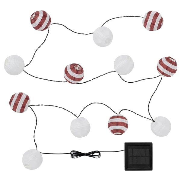 SOLVINDEN solar-powered light chain, white & red spherical lanterns, eco-friendly, decorative garden/outdoor lighting.