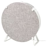 White ikea STARKVIND air purifier with fabric front, three legs, and handle.