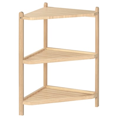 A STEGESUND wooden corner shelf in natural colour, made of bamboo. It two levels for storage with a rectangular and slightly curved design.