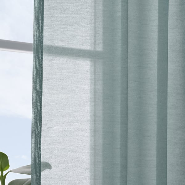 STENFRÖ Sheer curtains, 1 pair, turquoise/with heading tape, 145x250 cm