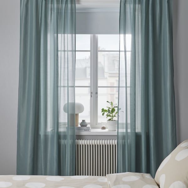STENFRÖ Sheer curtains, 1 pair, turquoise/with heading tape, 145x250 cm