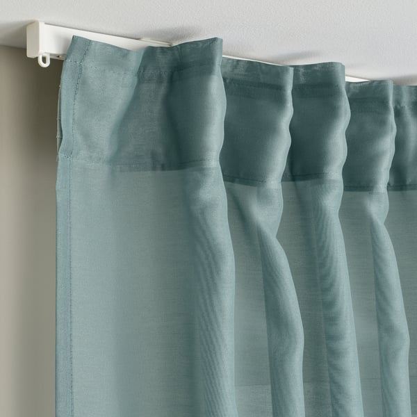 STENFRÖ Sheer curtains, 1 pair, turquoise/with heading tape, 145x250 cm