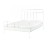 A white STJÄRNÖ metal bed frame with a curved headboard and footboard, featuring classic and decorative design elements.