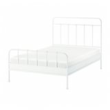 A white STJÄRNÖ metal bed frame. It curved headboard and footboard with a classic design and decorative twists.