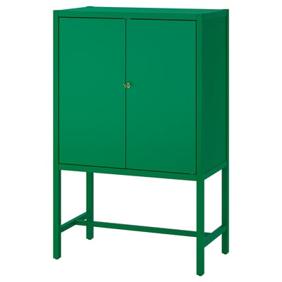 Green metal cabinet, rectangular shape with double doors, adjustable feet.