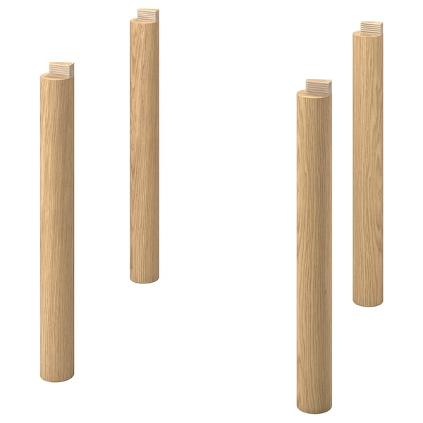 Four brown wooden legs with threaded tops for furniture assembly.