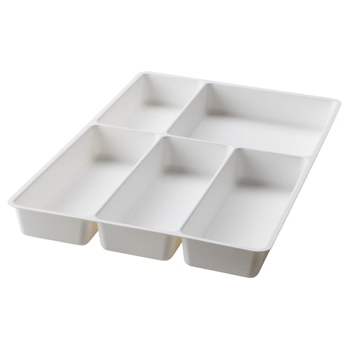 A white STÖDJA drawer organiser with six compartments, made of polypropylene, designed for maximera drawers.