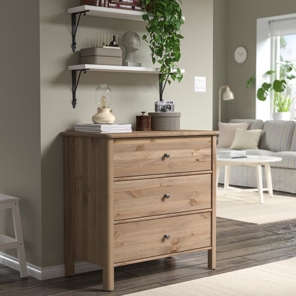 STOREMOLLA Chest of 3 drawers, grey-brown stained, 93x50x91 cm