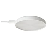 Round STRIMSÄV white spotlight with coiled cord and power plug, designed for cabinet lighting.