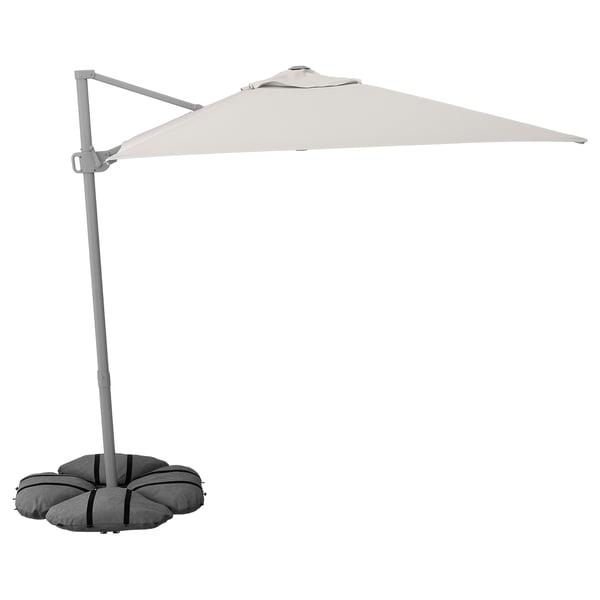 SVALÖN / IGGÖN Parasol, hanging with base, light grey-beige/dark grey, 300x200 cm
