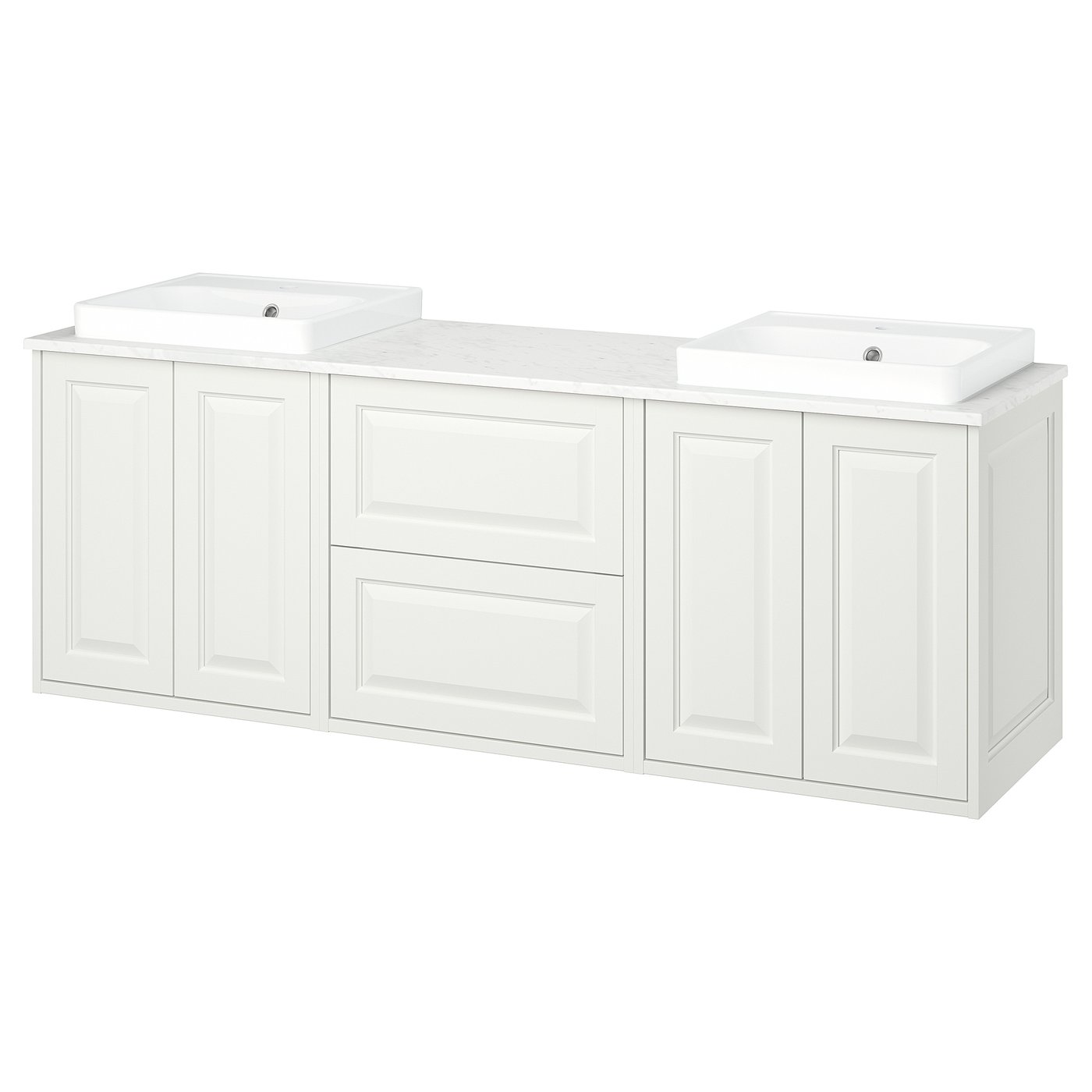 White TÄNNFORSEN double vanity with marble top, two sinks, cabinet & drawer storage.