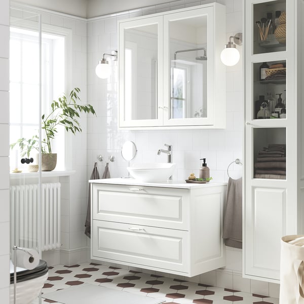 TÄNNFORSEN / VÄSTERSJÖN Wash-stnd w drawers/wash-basin/tap, white/white marble effect, 102x49x79 cm