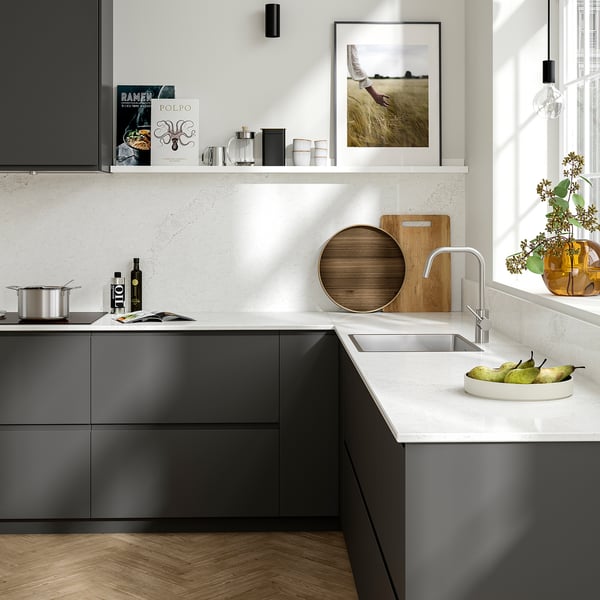 TÄRNHULT Custom made wall panel, white/grey lively marble effect/glass composite, 1 m²x2.0 cm