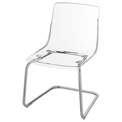 A clear, chrome-framed TOBIAS chair with a flexible seat, modern and transparent design.