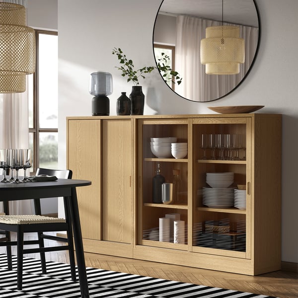 TONSTAD Storage combination w sliding doors, oak veneer/clear glass, 202x37x120 cm